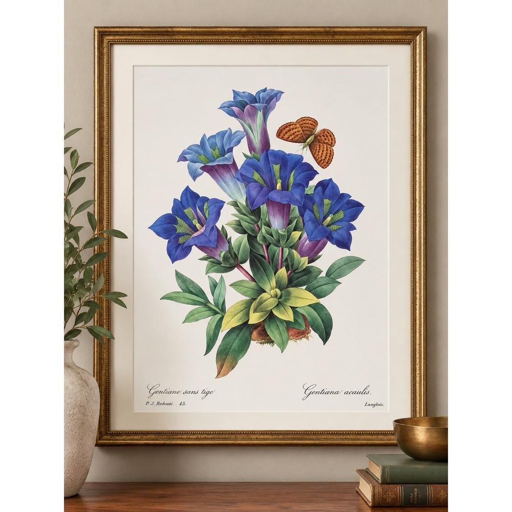Redouté Blue Gentian Butterfly Vintage Botanical Flower Print Cottage Wall Art